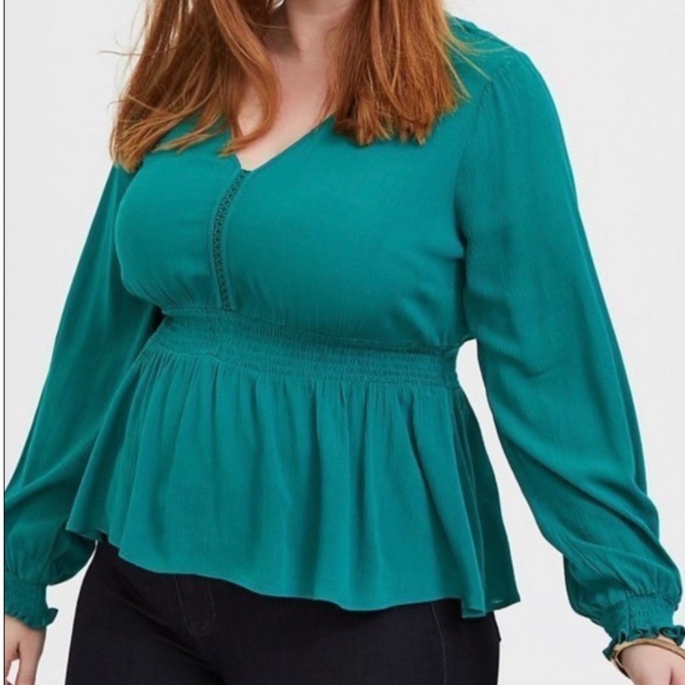 Torrid Teal Green Textured Long‎ Sleeve Peplum Peasant Blouse Top Plus Size 2x